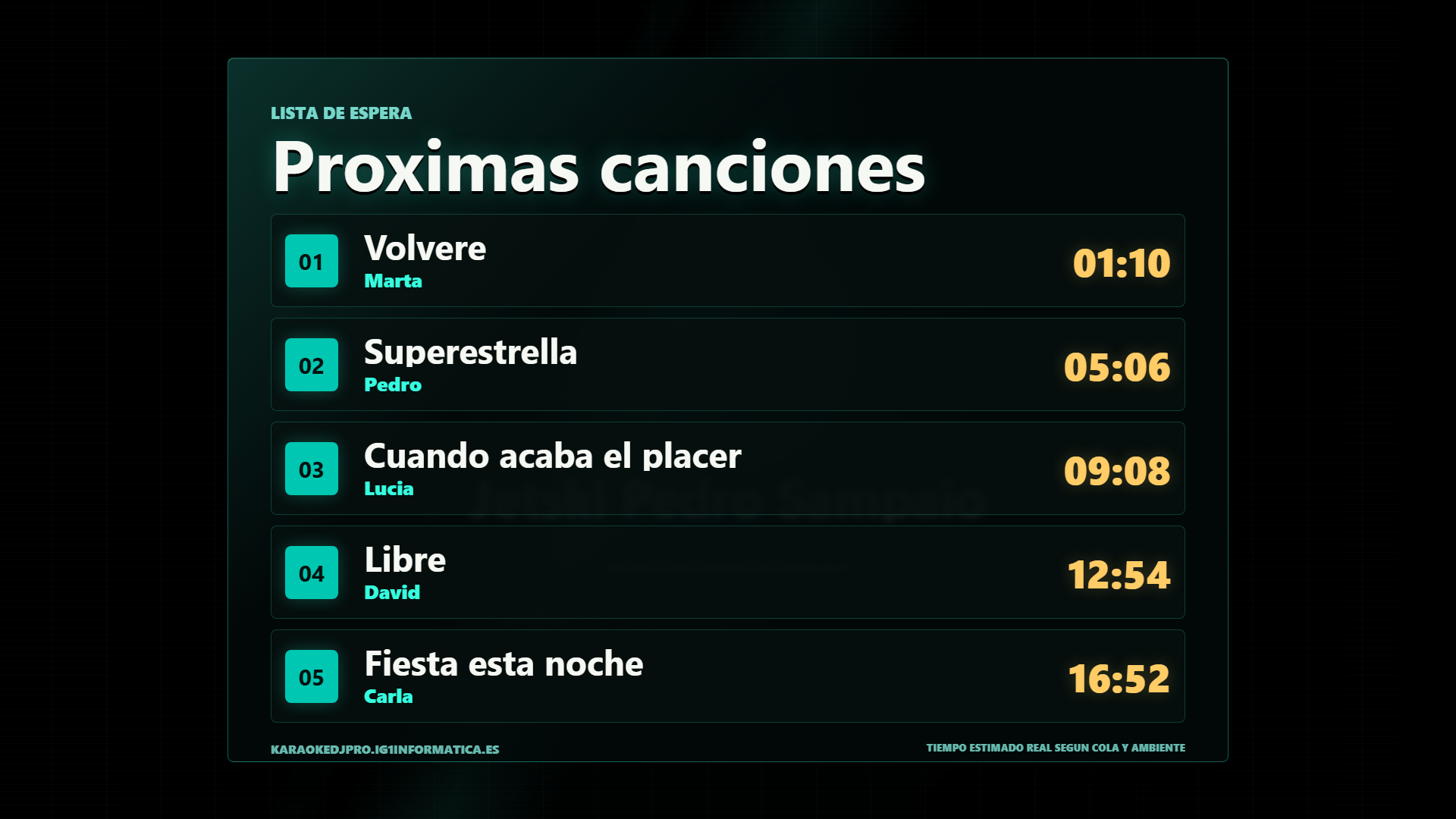 Visor mostrando proximas canciones con tiempos estimados